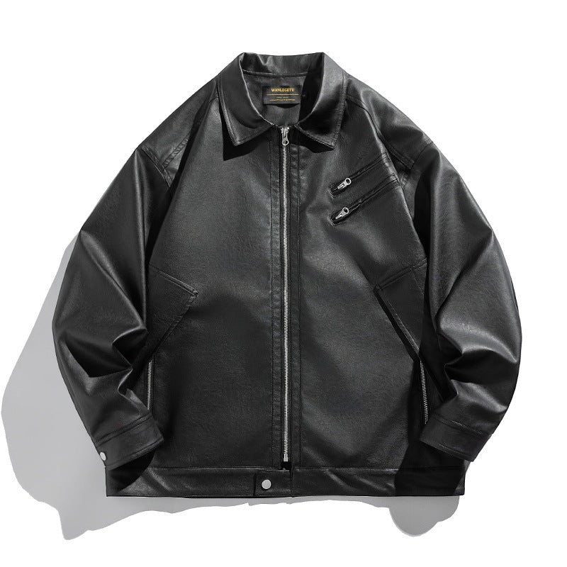 Unisex Boxy Kunstleder-Blousonjacke mit Hemdkragen, diagonalem Brustreißverschluss und Druckknopf-Saum Shop Nory