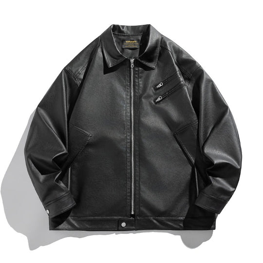 Unisex Boxy Kunstleder-Blousonjacke mit Hemdkragen, diagonalem Brustreißverschluss und Druckknopf-Saum Shop Nory