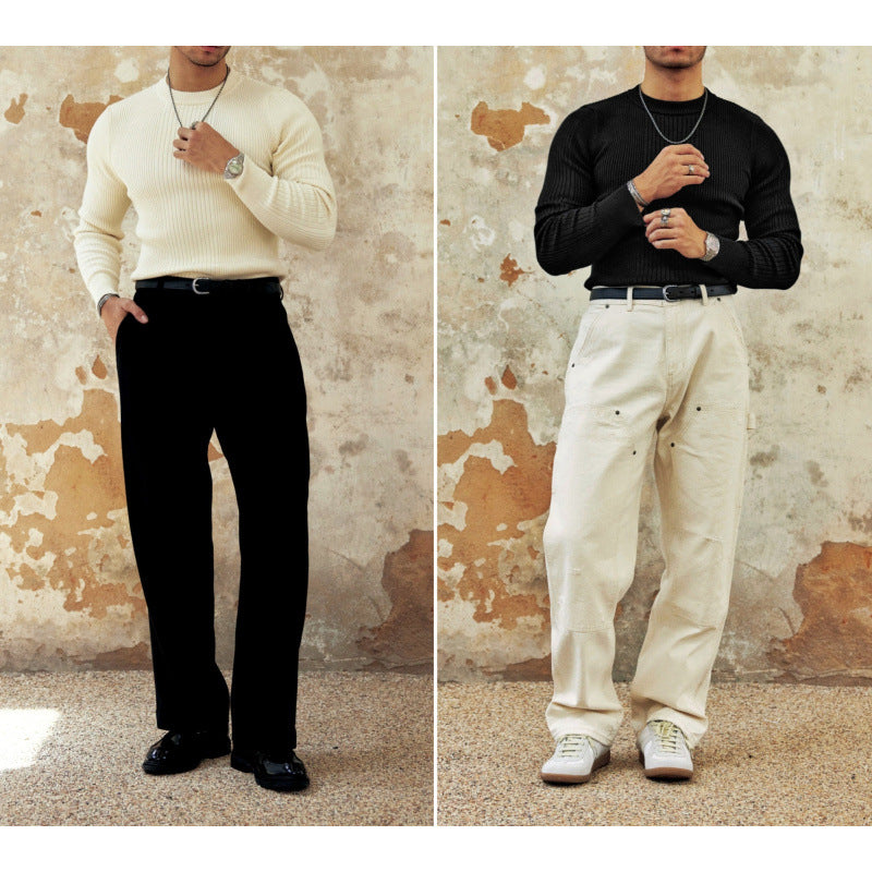 Herren Figurbetonter Rippstrick-Pullover mit Rundhalsausschnitt Shop Nory