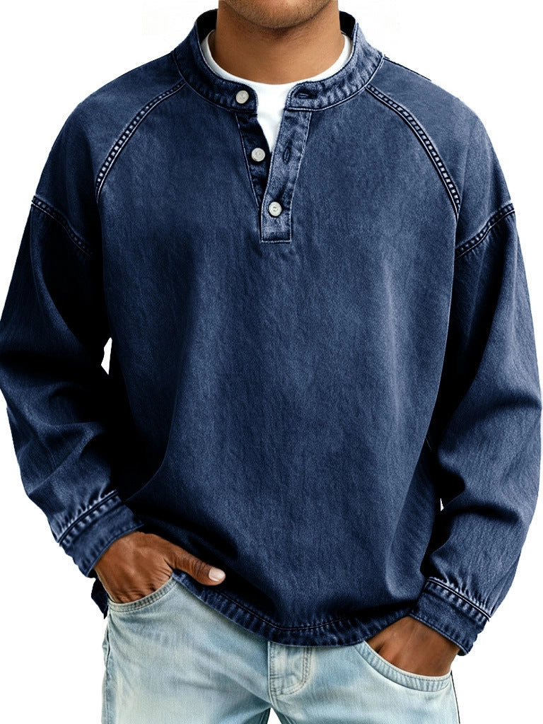 Herren nan verwaschenes Henley-Shirt mit Stehkragen, lockerer Passform und Knopfleiste Shop Nory