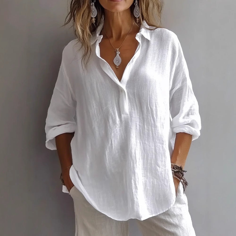 Damen lässiges Leinenhemd mit Knopfleiste und weiten Ärmeln
