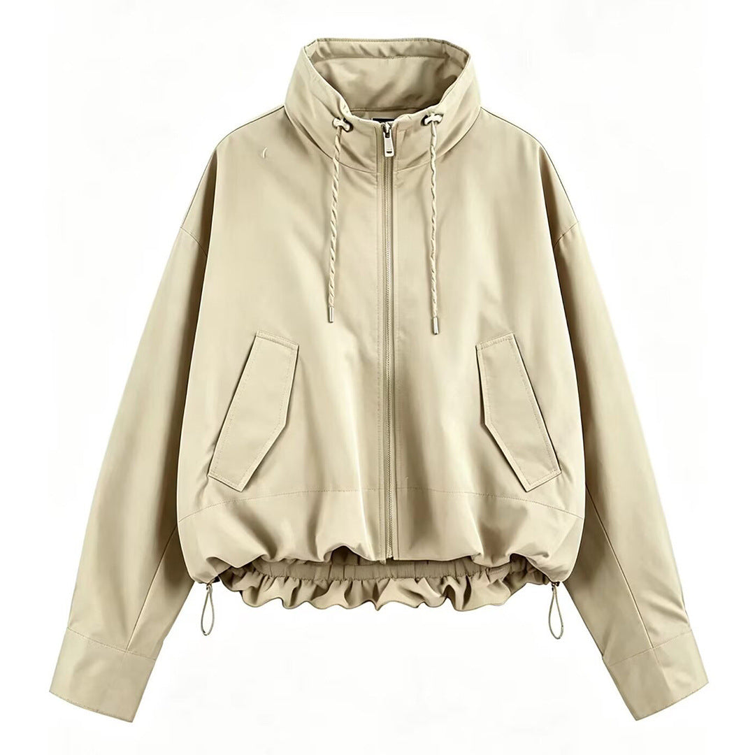 Damen Cropped Oversize Windbreaker mit hohem Funnelkragen, Kordelzug und gerafftem Elastikbund Shop Nory