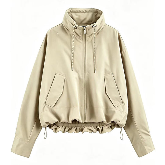Damen Cropped Oversize Windbreaker mit hohem Funnelkragen, Kordelzug und gerafftem Elastikbund Shop Nory