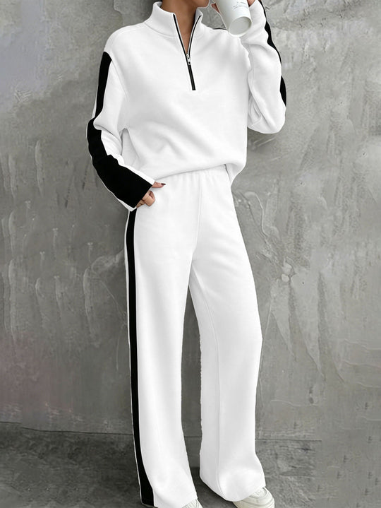 Damen Zweiteiliges Lounge‑Set mit Halbreißverschluss, Kontraststreifen und weitem Palazzo‑Schnitt Shop Nory