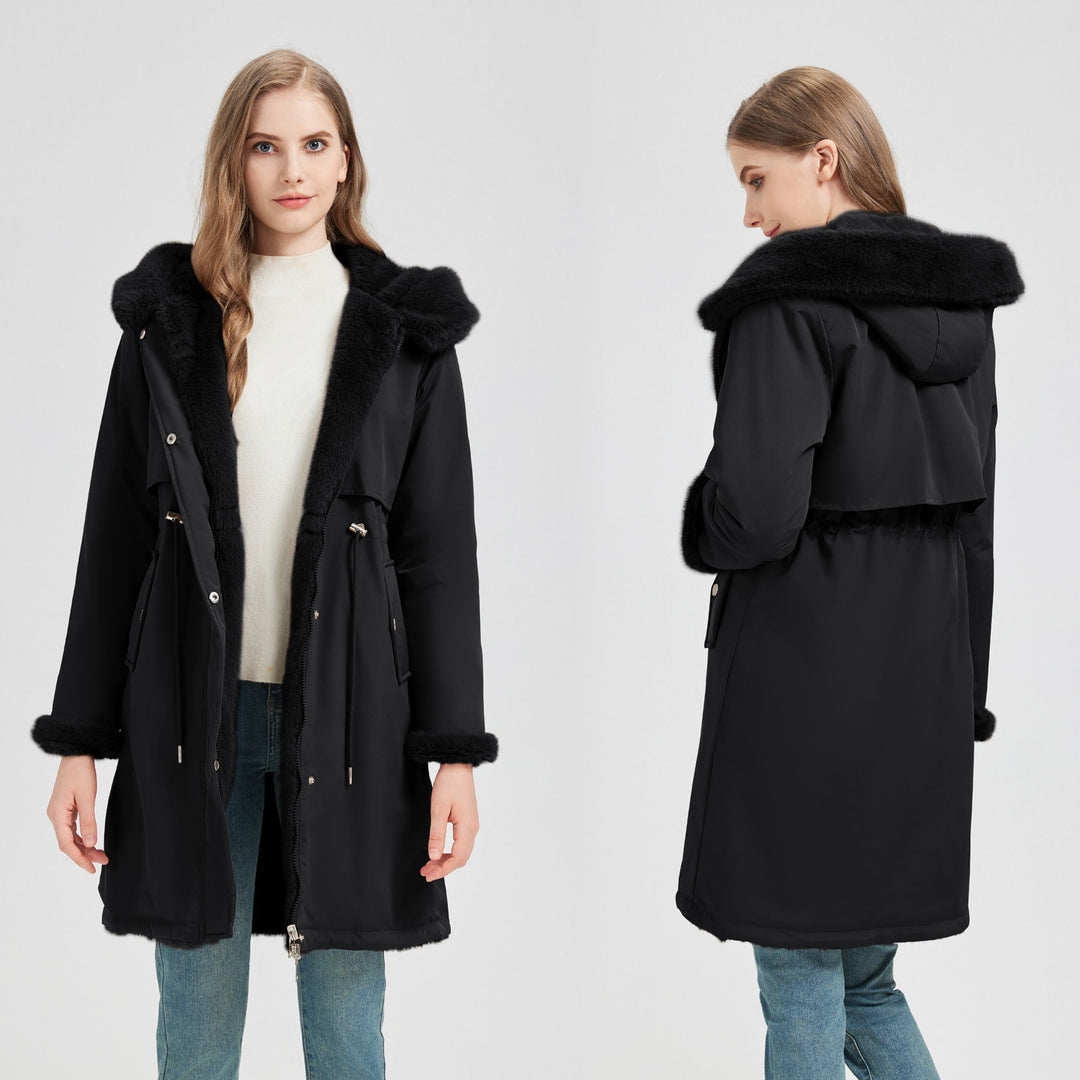 Damen nan taillierter langer Thermoparka mit Webpelzbesatz an Kapuze und Ärmeln sowie Kordeltaille Shop Nory