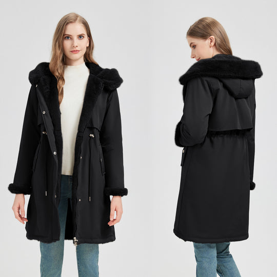 Damen nan taillierter langer Thermoparka mit Webpelzbesatz an Kapuze und Ärmeln sowie Kordeltaille Shop Nory