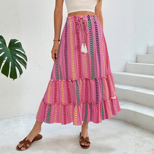 Damen Langer Stufen-Maxi-Rock mit Ethno-Streifen und Kordelbund Shop Nory