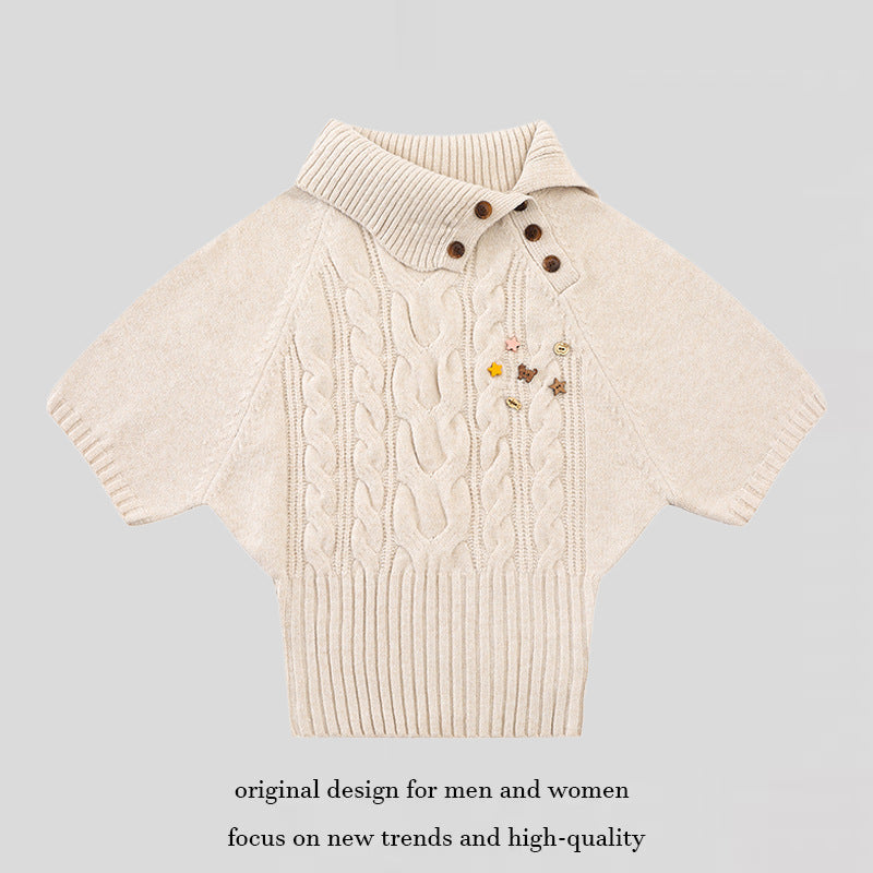 Damen Kurzärmeliges Zopfstrick-Pullover-Top mit Stehkragen und Knopfleiste Shop Nory