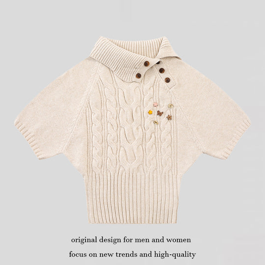 Damen Kurzärmeliges Zopfstrick-Pullover-Top mit Stehkragen und Knopfleiste Shop Nory