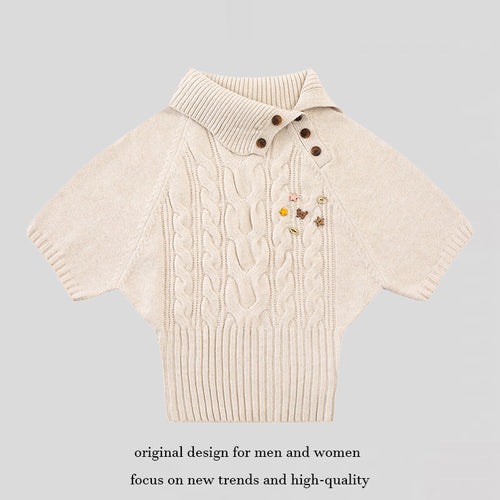 Damen Kurzärmeliges Zopfstrick-Pullover-Top mit Stehkragen und Knopfleiste Shop Nory