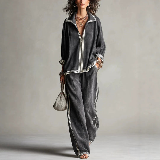 Damen Lässiges Velours-Jogginganzug-Set mit Reißverschluss und Kontraststreifen Shop Nory