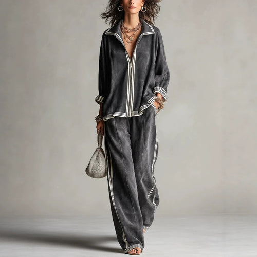 Damen Lässiges Velours-Jogginganzug-Set mit Reißverschluss und Kontraststreifen Shop Nory