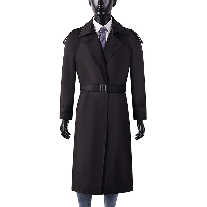 Herren eleganter knie- bis wadenlanger Trenchcoat mit verdeckter Knopfleiste und Schulterklappen Shop Nory