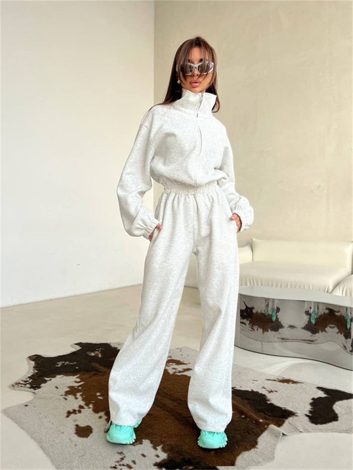 Damen Relaxed-Loungewear-Set mit Halbzip-Stehkragen und hochtaillierter Weitbein-Jogginghose Shop Nory