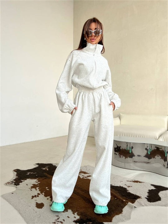 Damen Relaxed-Loungewear-Set mit Halbzip-Stehkragen und hochtaillierter Weitbein-Jogginghose Shop Nory