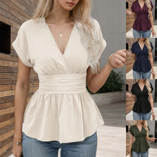 Damen Tailliertes Wickel-Top mit V-Ausschnitt, Raffung und Schößchen Shop Nory