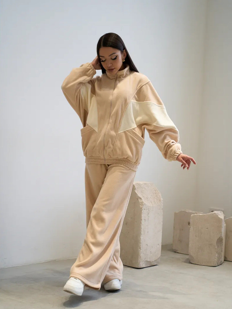 Damen Oversized Fleece-Lounge-Set mit Stehkragen, Reißverschlussjacke und weiter Palazzohose Shop Nory