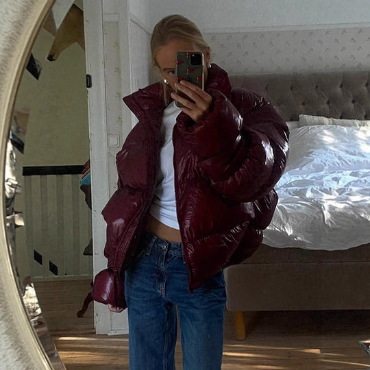 Damen Glänzende Oversize-Steppjacke mit Kapuze und hohem Stehkragen Shop Nory