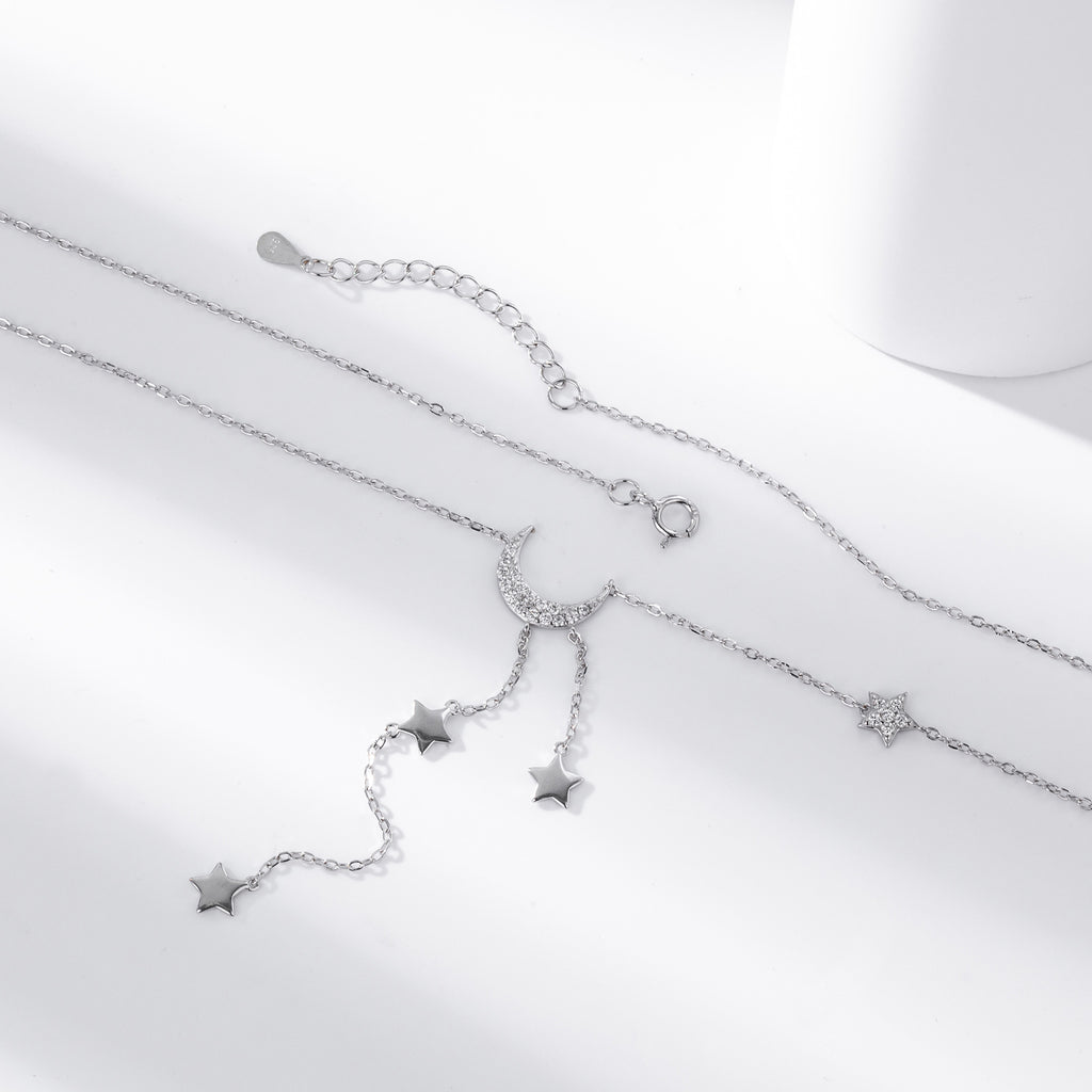 Damen Halskette mit funkelndem Mond- und Sternenmotiv aus hochwertigem 925 Sterling Silber Shop Nory