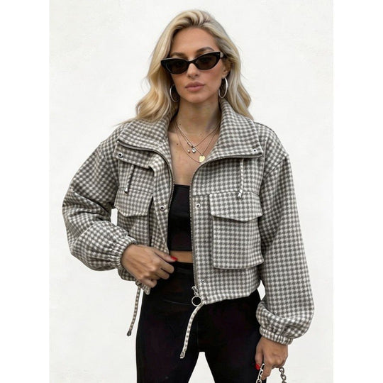Damen Karo-Cropped-Jacke mit Stehkragen, Tunnelzug und elastischen Bündchen Shop Nory