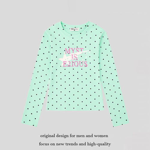 Damen Langarmshirt mit V-Ausschnitt, Polka-Dots und Statement-Print aus Baumwolljersey Shop Nory