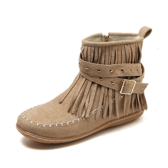 Damen Mokassin-Shortboots mit Fransen, Ziergürtel und handgenähter Mokassinnaht Shop Nory
