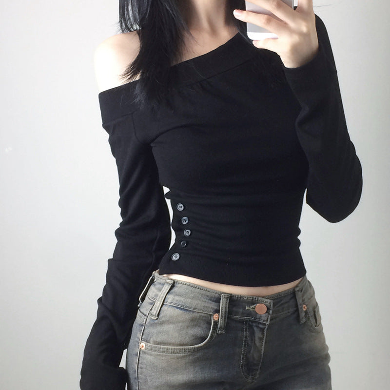 Damen nan schulterfreies Langarmshirt mit taillierter Silhouette und seitlicher Knopfleiste Shop Nory