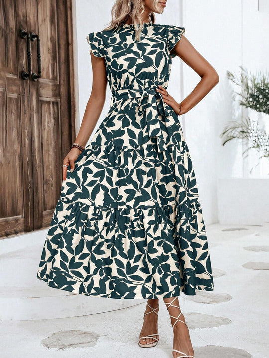 Damen Midikleid mit Stufenrock, geraffter Taillenbindung und Rüschenärmeln Shop Nory
