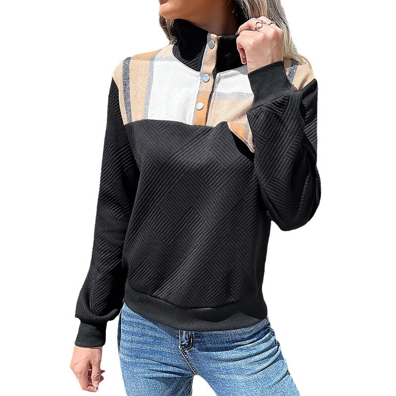 Damen Gestepptes Sweatshirt mit Karobesatz, Stehkragen und Druckknopfleiste Shop Nory