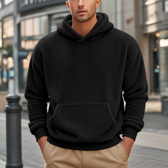 Herren Hoodie aus kuscheligem Teddy-Fleece mit Kängurutasche und breiten Bündchen