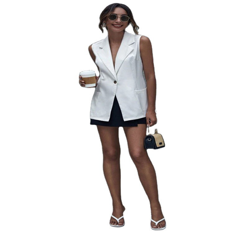 Damen Ärmellose lange Blazerweste im Tailoring mit Ein-Knopf-Verschluss und aufgesetzten Pattentaschen Shop Nory