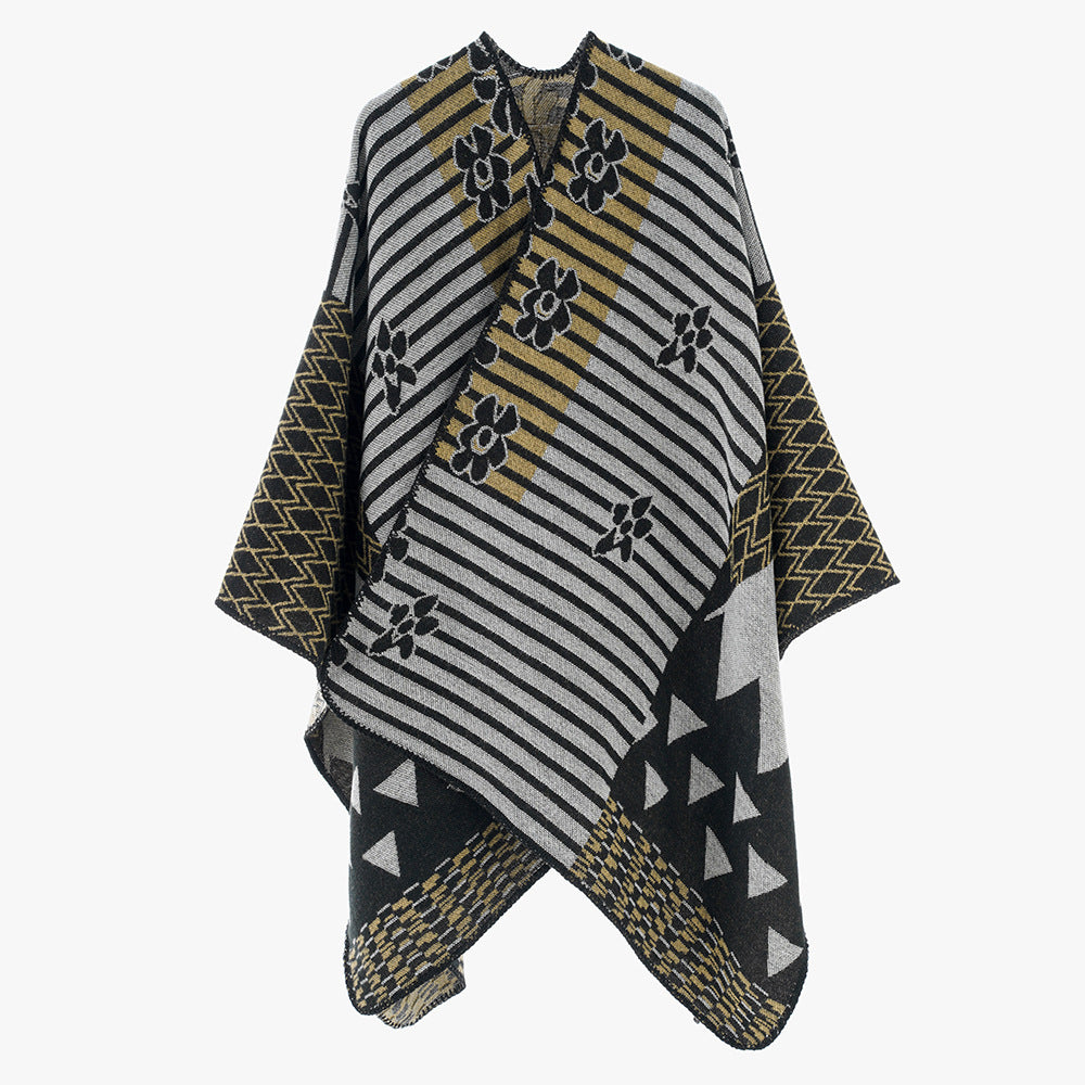 Damen Oversize Jacquard‑Ruana im Ethno‑Patchwork‑Design Shop Nory