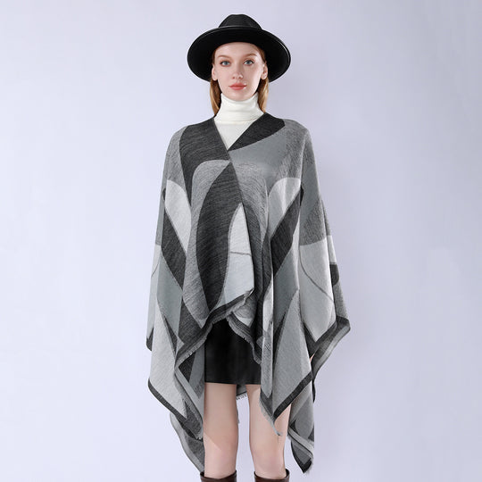 Damen Oversize-Poncho mit V-Ausschnitt und geometrischem Jacquard-Design Shop Nory
