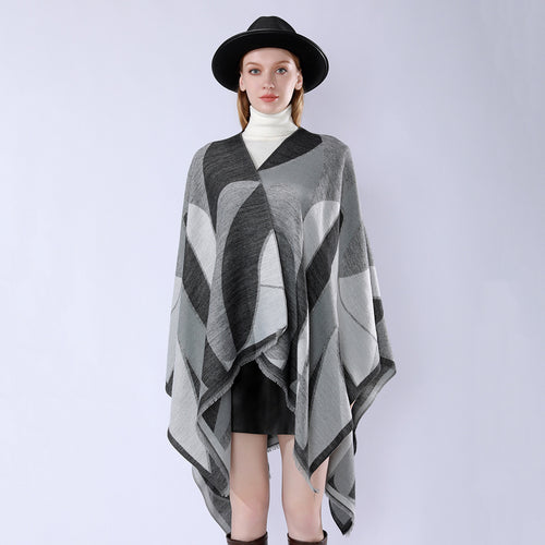 Damen Oversize-Poncho mit V-Ausschnitt und geometrischem Jacquard-Design Shop Nory