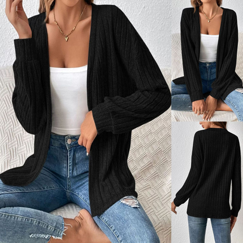 Damen Langer Rippstrick-Cardigan mit Ballonärmeln und offener Front Shop Nory