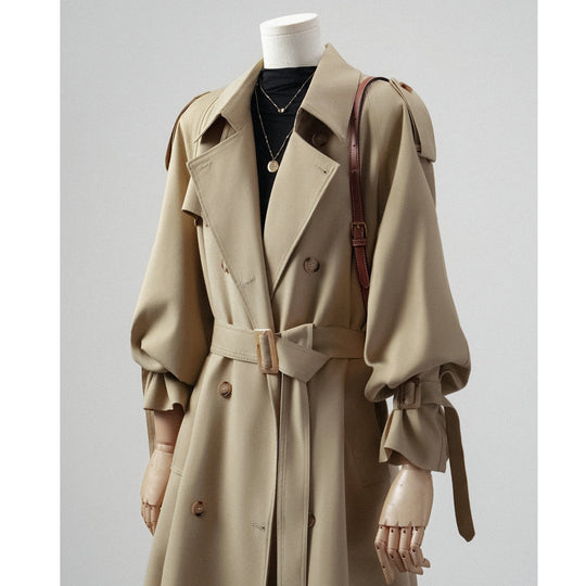Damen Trenchcoat mit Ballonärmeln, doppelreihiger Schnitt und Taillengürtel Shop Nory