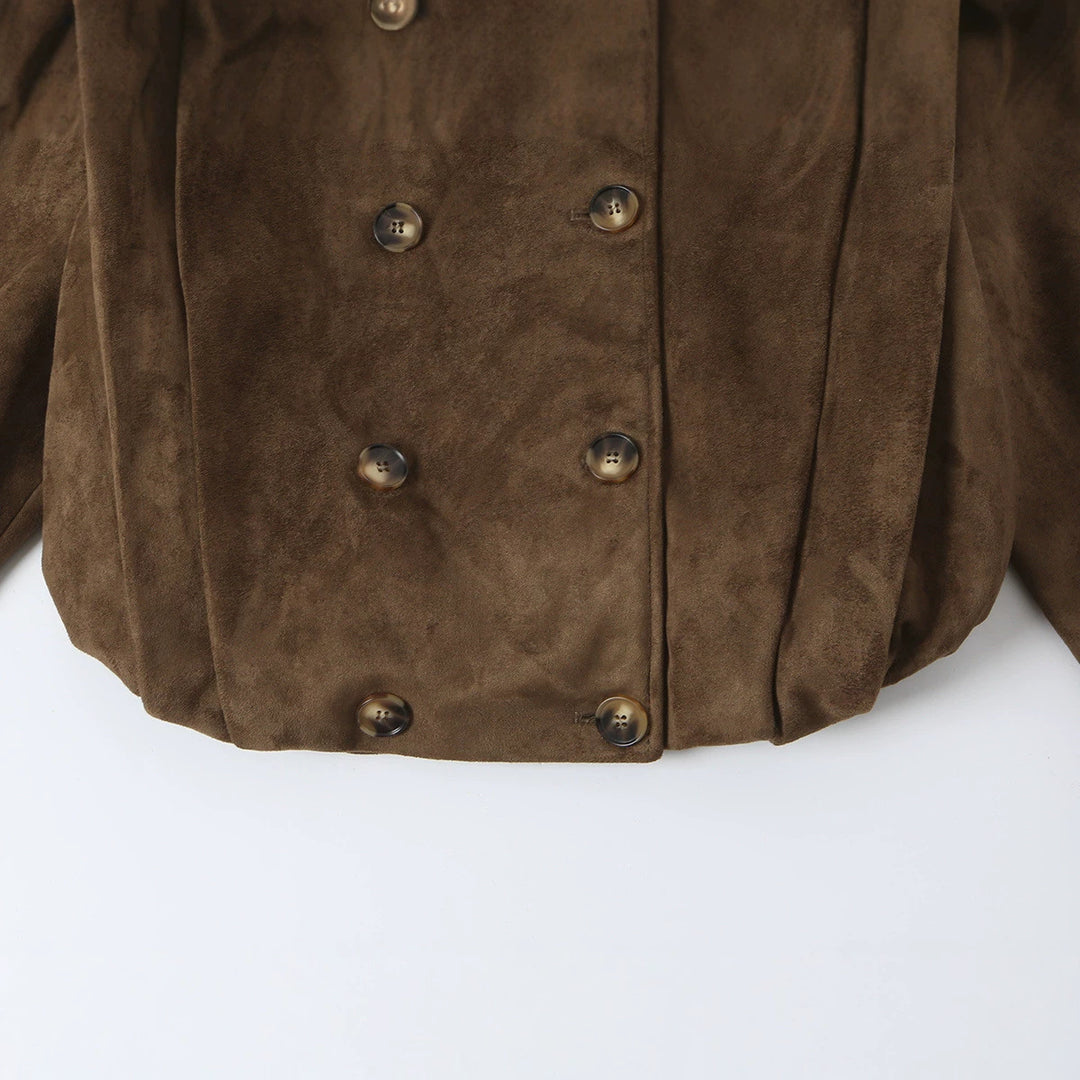 Damen Kurze Doppelreihige Velourslederjacke mit Stehkragen und Epauletten Shop Nory