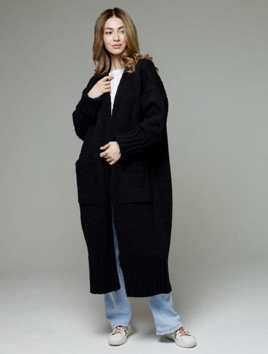 Damen bequemer langer Strickcardigan mit Taschen und breiten Ärmeln
