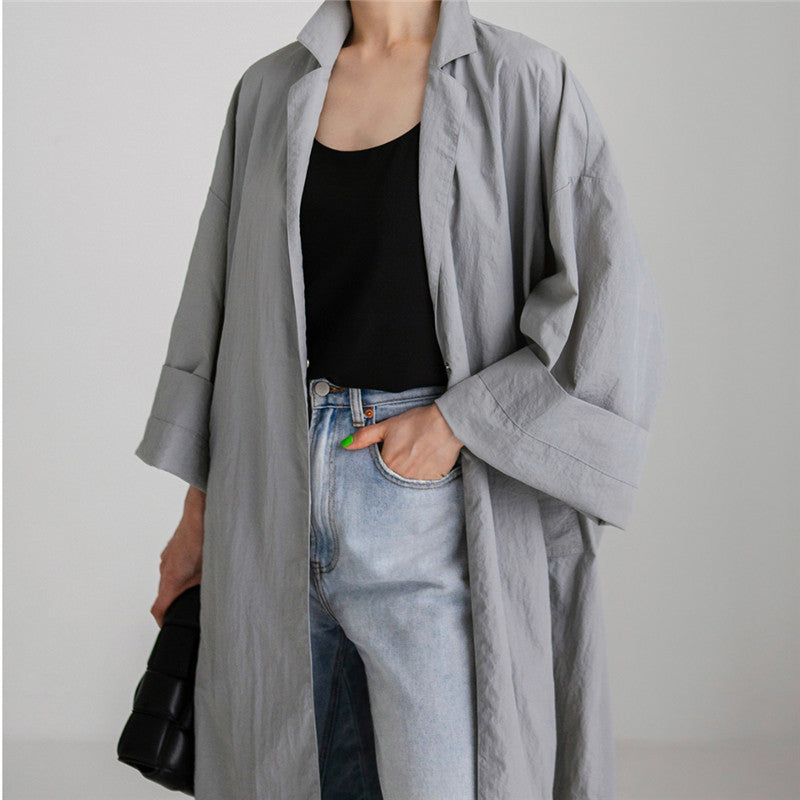 Damen Leichter Long-Duster im Crinkle-Look mit Stehkragen, tiefen Seitenschlitzen und Eingrifftaschen Shop Nory