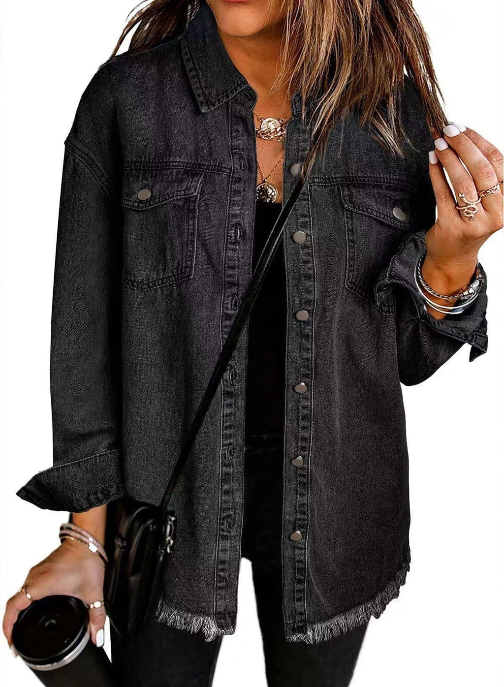 Damen Denim Overshirt mit fransigem Saum und Brusttaschen ShopNory
