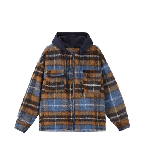 Unisex Kurz geschnittener kariertes Fellimitat-Blouson mit Kapuze und Reißverschluss Shop Nory