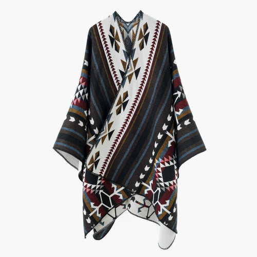 Damen Oversize Jacquard‑Wickelponcho mit geometrischem Aztekenmuster Shop Nory