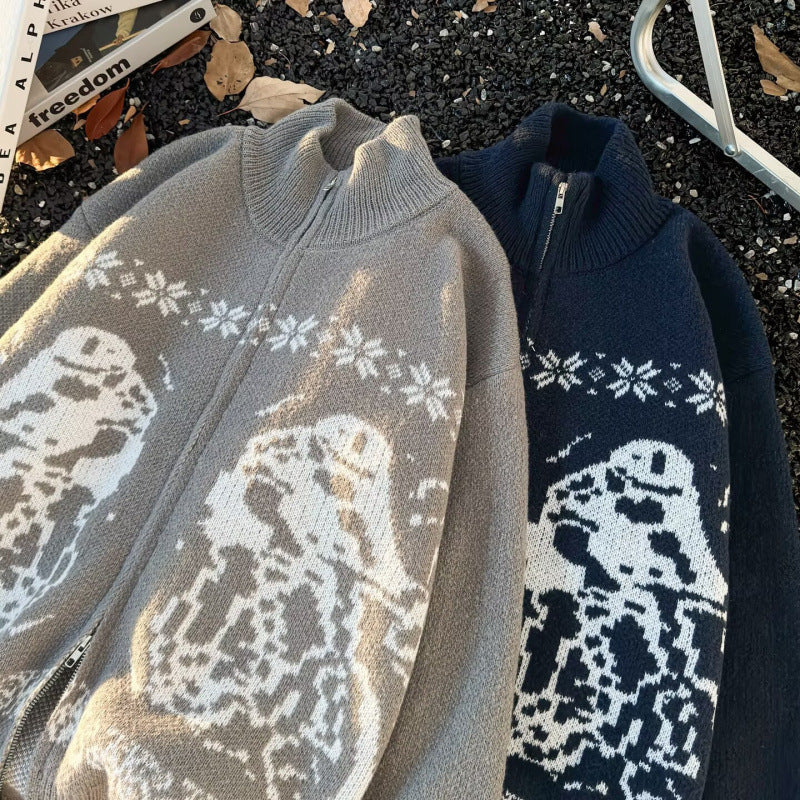 Unisex Übergroße Strickjacke mit durchgehendem Reißverschluss, hohem Rippkragen und Eulen-Intarsien Shop Nory
