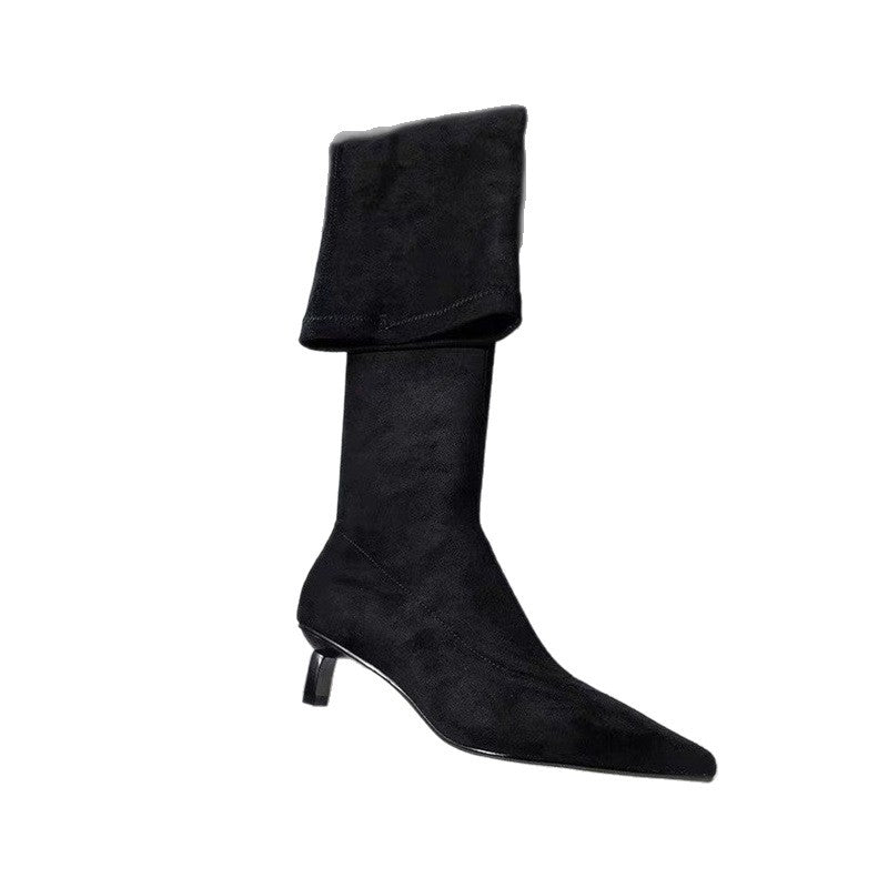 Damen Kniestiefel mit Umschlagschaft, spitzer Zehenform und Kitten‑Absatz Shop Nory