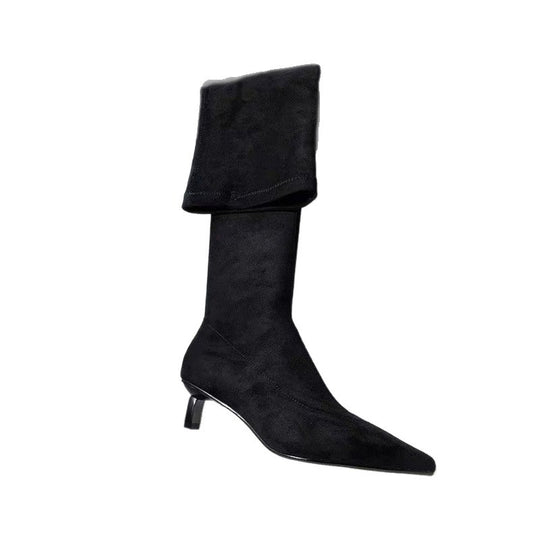 Damen Kniestiefel mit Umschlagschaft, spitzer Zehenform und Kitten‑Absatz Shop Nory