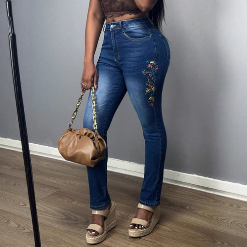 Damen Hochtaillierte Skinny-Jeans mit seitlicher Blumenstickerei Shop Nory