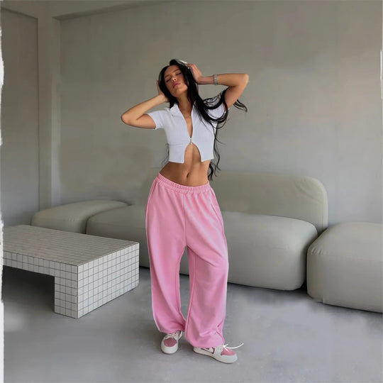 Damen locker sitzende High-Waist Sweatpants mit weitem Bein und elastischem Bund Shop Nory
