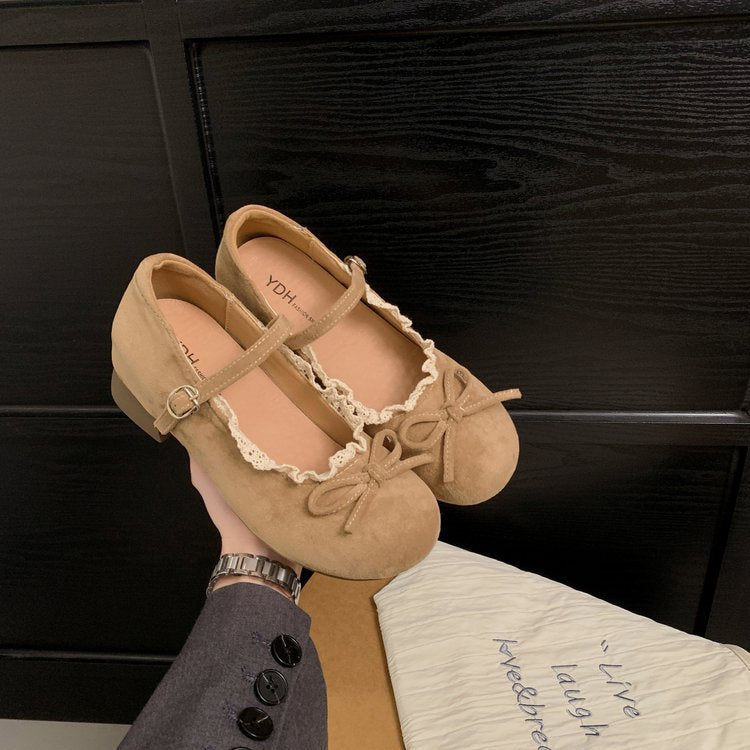 Damen elegante Mary Jane Ballerinas mit dekorativem Spitzenrand und Schleifenakzent