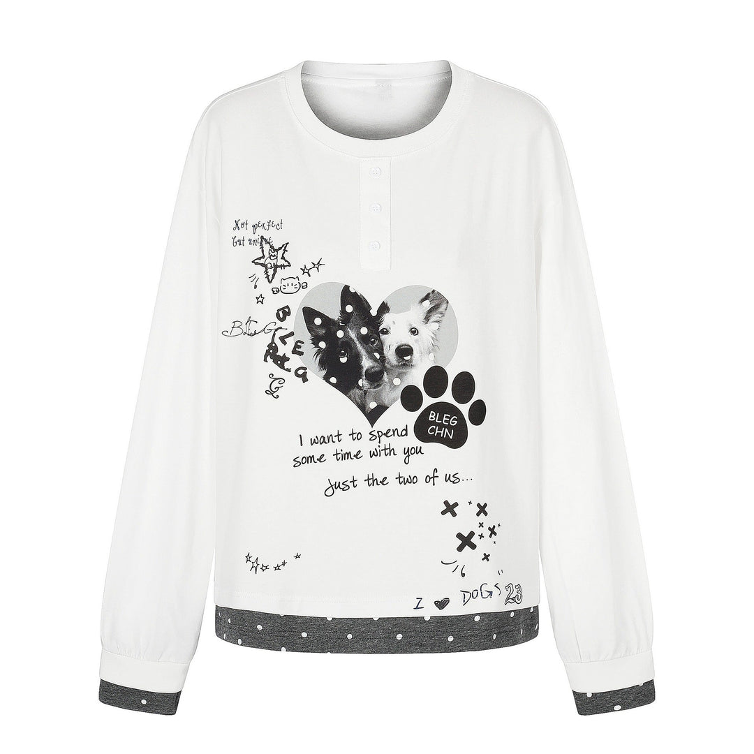 Damen Langarm-Pyjama-Top mit halbnaher Knopfleiste, Herz-Hundeprint und kontrastiertem Bündchen Shop Nory
