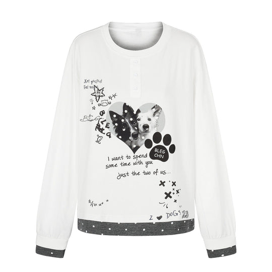 Damen Langarm-Pyjama-Top mit halbnaher Knopfleiste, Herz-Hundeprint und kontrastiertem Bündchen Shop Nory